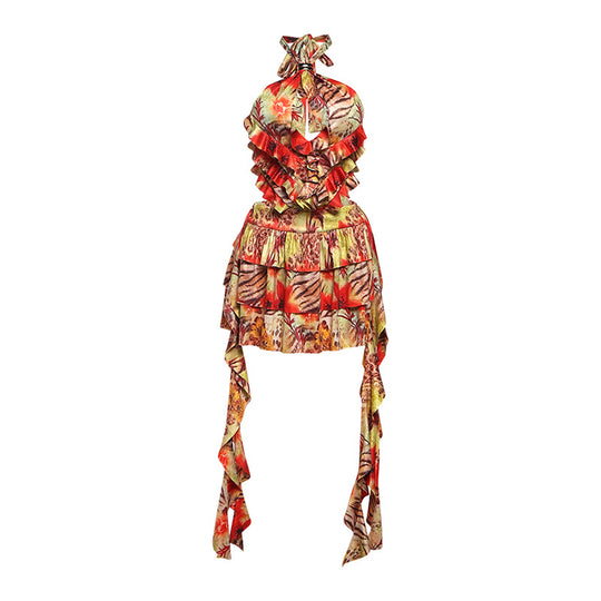 Damen Rüschenkleid mit floralen Motiven und verstellbarem Träger EB
