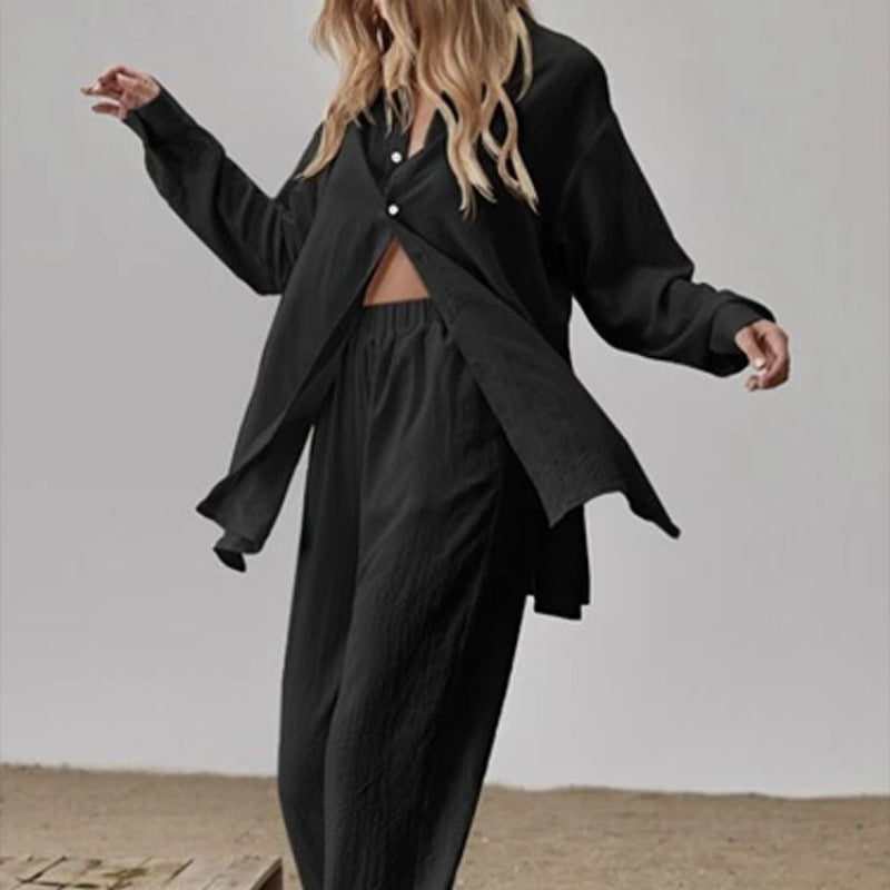 Damen Satin Pyjama Set mit langärmliger Bluse und weiten Hosen EB