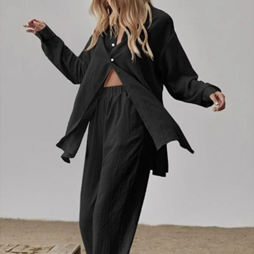 Damen Satin Pyjama Set mit langärmliger Bluse und weiten Hosen EB