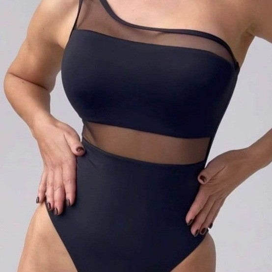 Damen Einteiler Badeanzug mit asymmetrischem Schnitt und transparenten Akzenten EB