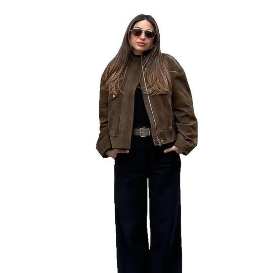 Damen Elegante Kunstlederjacke mit modernem Stehkragen EB