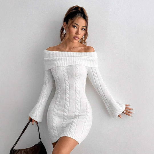 Damen Off-Shoulder Strickkleid mit Zopfmuster und voluminösen Ärmeln EB