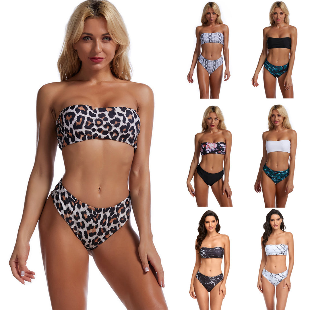 Damen Bandeau-Bikini mit floralem Oberteil und hohem Bund EB