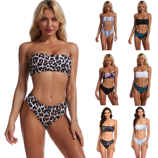 Damen Bandeau-Bikini mit floralem Oberteil und hohem Bund EB
