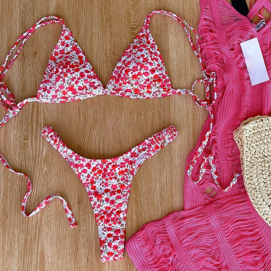 Damen Triangel-Bikini mit floralem Design und verstellbaren Trägern EB