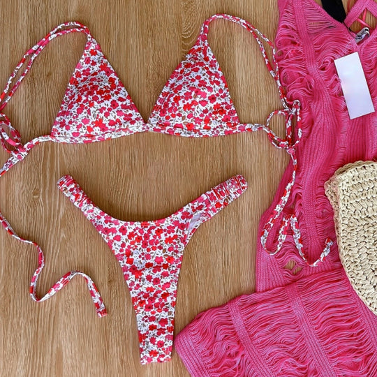 Damen Triangel-Bikini mit floralem Design und verstellbaren Trägern EB