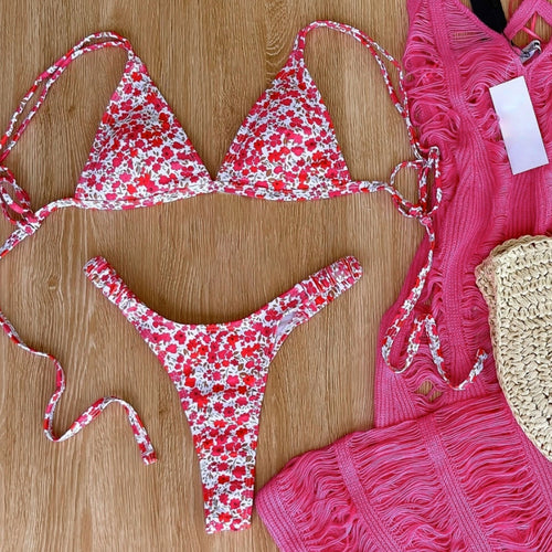 Damen Triangel-Bikini mit floralem Design und verstellbaren Trägern EB