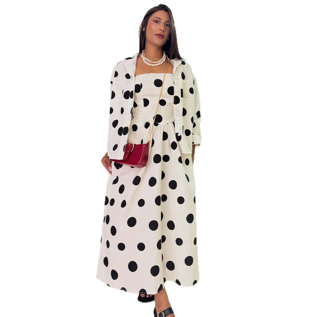 Damen Maxikleid mit stilvollem Punktedesign und lässigem Sakko EB