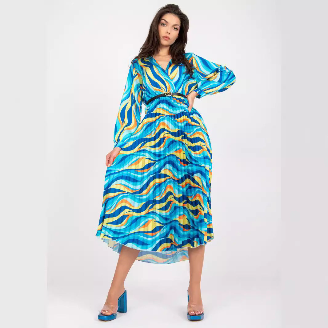 Damen Plisseekleid mit Wellenmuster und tailliertem Design EB