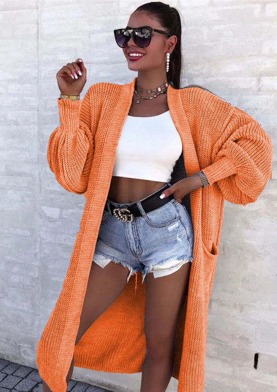 Damen Langer Strickcardigan mit weiten Ärmeln und praktischen Taschen EB