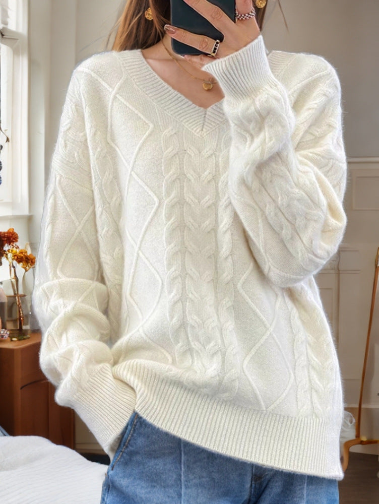 Damen nan kuscheliger V-Ausschnitt Zopfmuster-Pullover mit Oversize-Schnitt und Rippabschlüssen EB