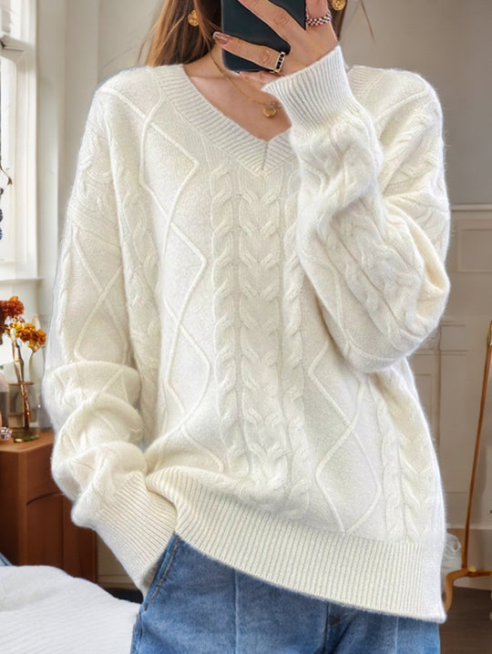 Damen nan kuscheliger V-Ausschnitt Zopfmuster-Pullover mit Oversize-Schnitt und Rippabschlüssen EB