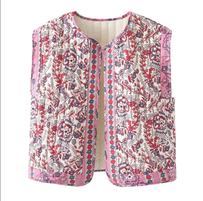 Damen Gesteppte Weste mit Floralem Design und Praktischen Taschen EB