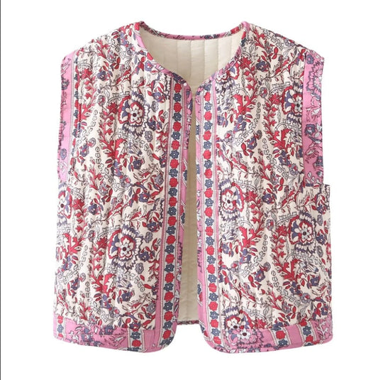 Damen Gesteppte Weste mit Floralem Design und Praktischen Taschen EB