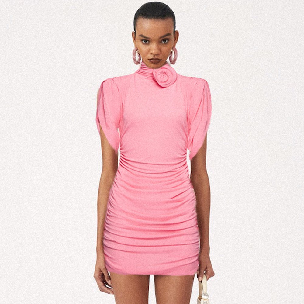 Damen figurbetontes Kleid mit hochgeschlossenem Kragen und Rüschen-Details EB