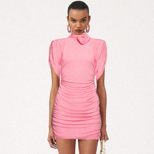 Damen figurbetontes Kleid mit hochgeschlossenem Kragen und Rüschen-Details EB