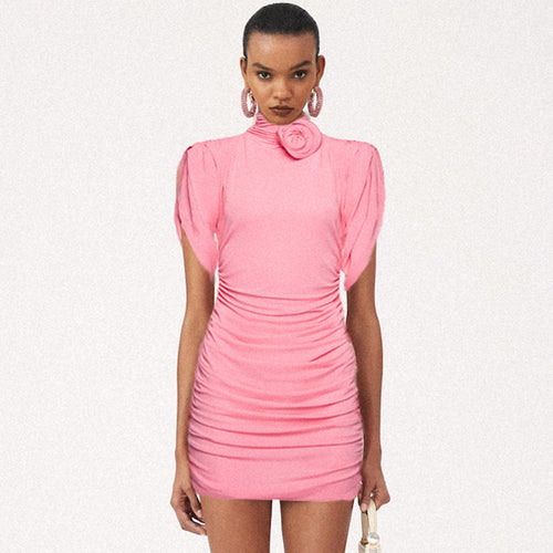 Damen figurbetontes Kleid mit hochgeschlossenem Kragen und Rüschen-Details EB