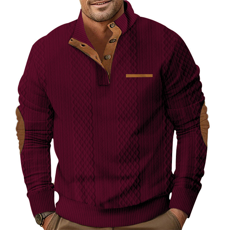 Herren nan strukturierter Strickpullover mit Stehkragen, Knopfleiste und Ellenbogenpatches EB