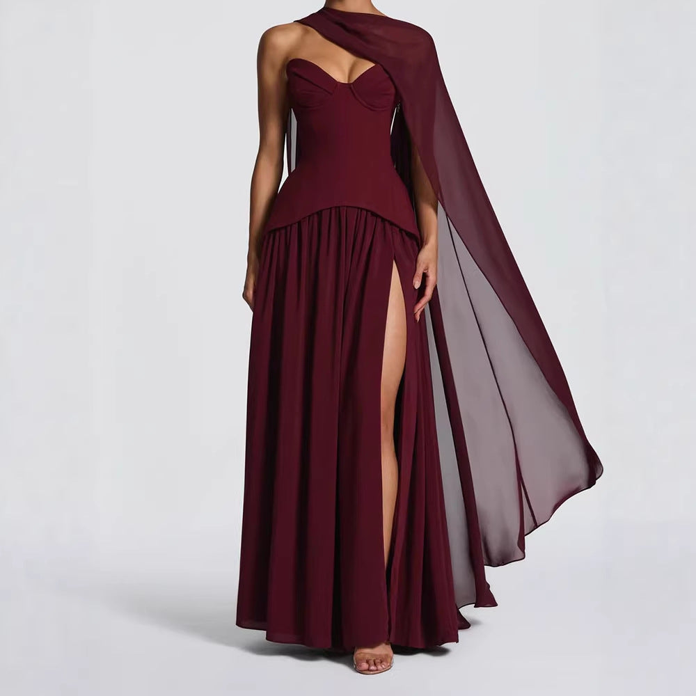 Damen Elegantes Maxikleid mit Abnehmbarem Cape EB