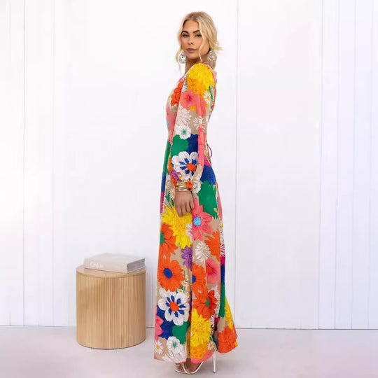 Damen Blumenmaxikleid mit voluminösen Ärmeln und floralem Allover-Print EB