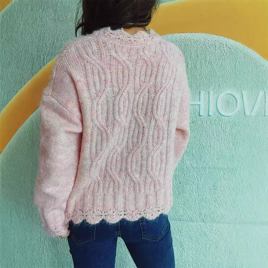 Damen Grobstrickpullover mit romantischem Wellenmuster und volumetrischen Ärmeln EB
