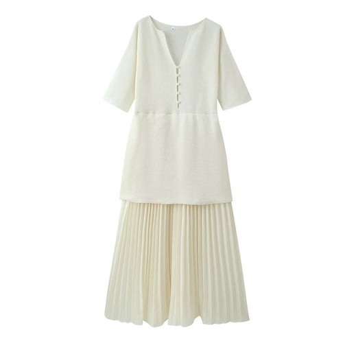 Damen plissiertes Midi-Kleid mit eleganter Knopfleiste und V-Ausschnitt EB