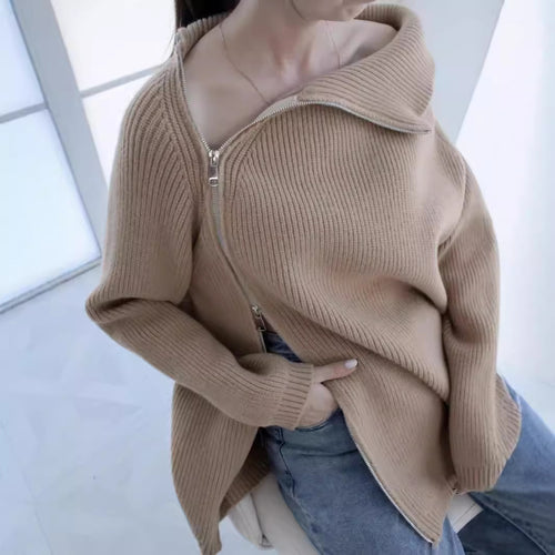 Damen lässiger Strickpullover mit asymmetrischem Reißverschluss und großem Kragen EB