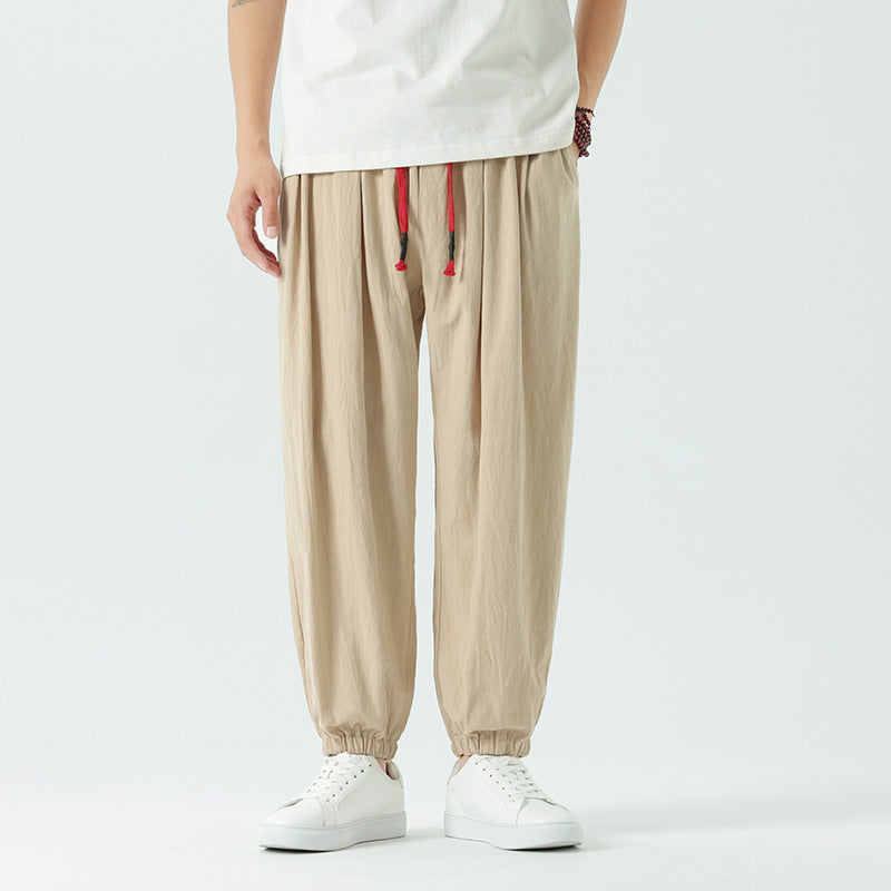 Herren nan locker geschnittene Leinen-Baumwoll Hose mit Kordelzug und elastischen Bündchen EB