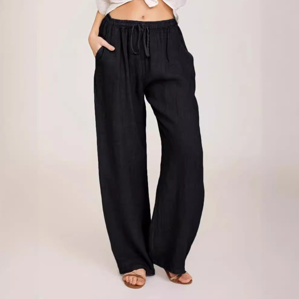 Damen nan luftige Palazzo-Hose mit Tunnelzugbund, elastischem Taillenabschluss und seitlichen Eingrifftaschen EB