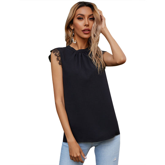 Damen ärmelloses Blusenshirt mit Spitzenverzierungen und dekorativem Kragen EB