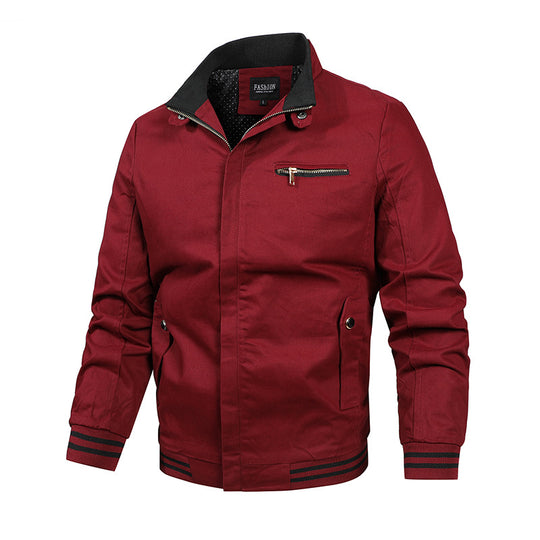 Herren  moderne Canvas-Bomberjacke im Varsity-Stil mit gestreiften Rippbündchen und verdeckter Frontleiste EB