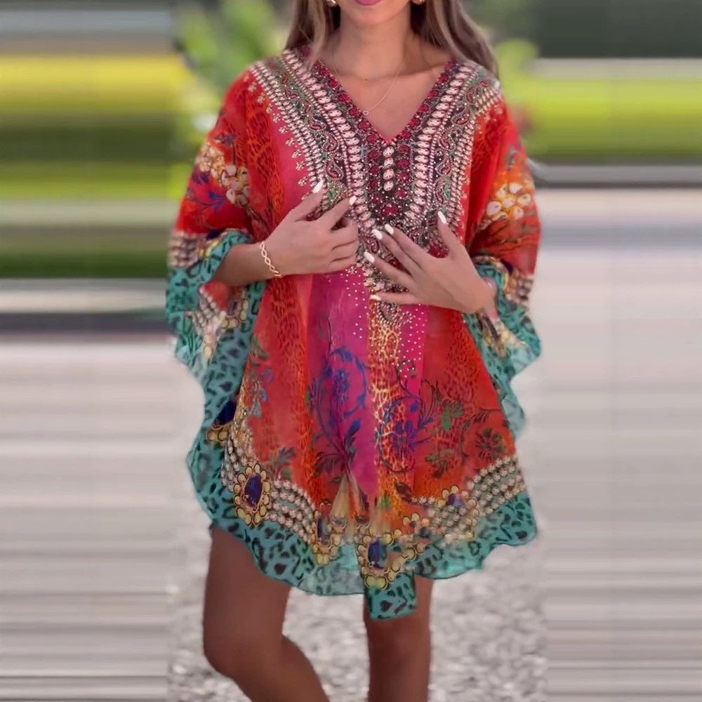 Damen nan kurzes Tunika-Kaftan mit verziertem V-Ausschnitt und floral-animalischer Bordüre EB