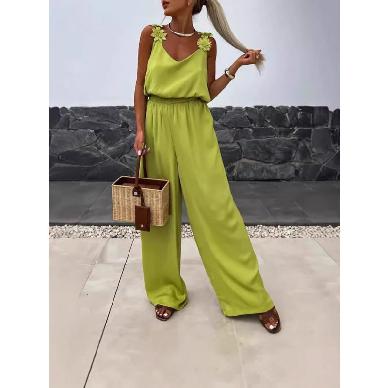 Damen Jumpsuit mit floralen Rüschen und weitem Bein EB