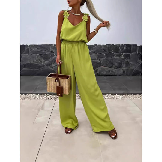 Damen Jumpsuit mit floralen Rüschen und weitem Bein EB