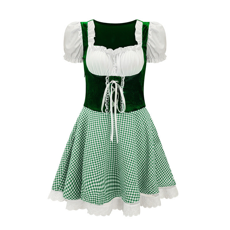Damen nan bayerisch inspiriertes Mini-Dirndl mit geschnürtem Mieder, Puffärmeln und Vichykaro-Rock EB