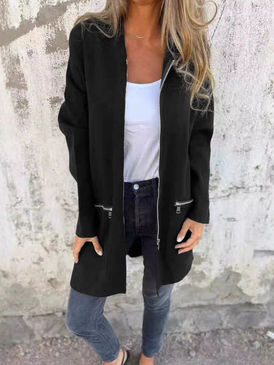 Damen Lange Strickjacke mit durchgehendem Reißverschluss und praktischen Taschen EB