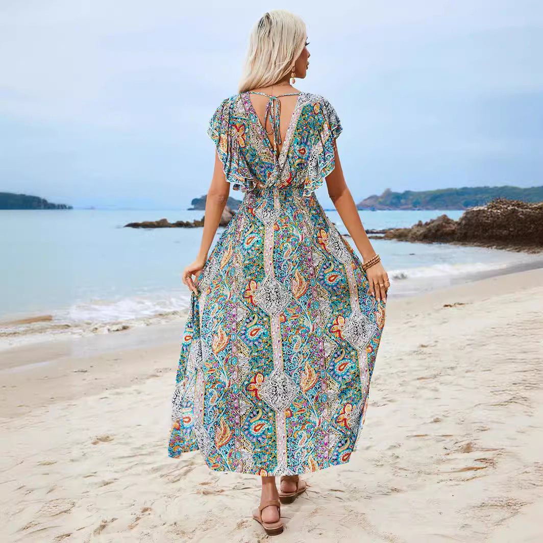 Damen Maxikleid mit verspieltem Mustermix und Rüschendetails EB