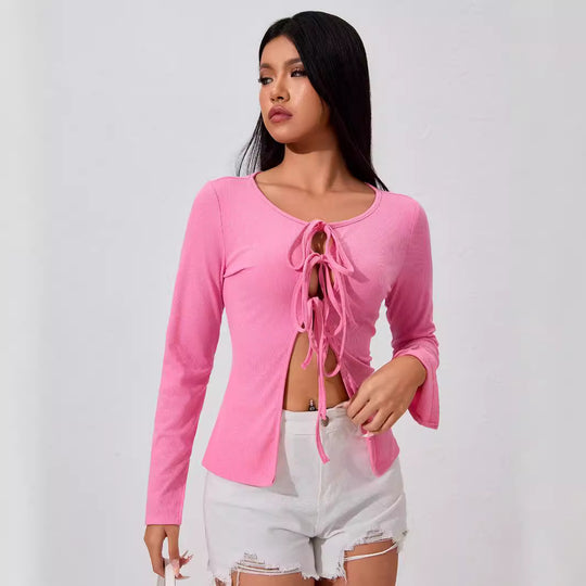 Damen geripptes Longsleeve-Top mit mehrfachem Front-Schnürdetail, Cut-Outs und taillierter Passform Eichborn Berlin