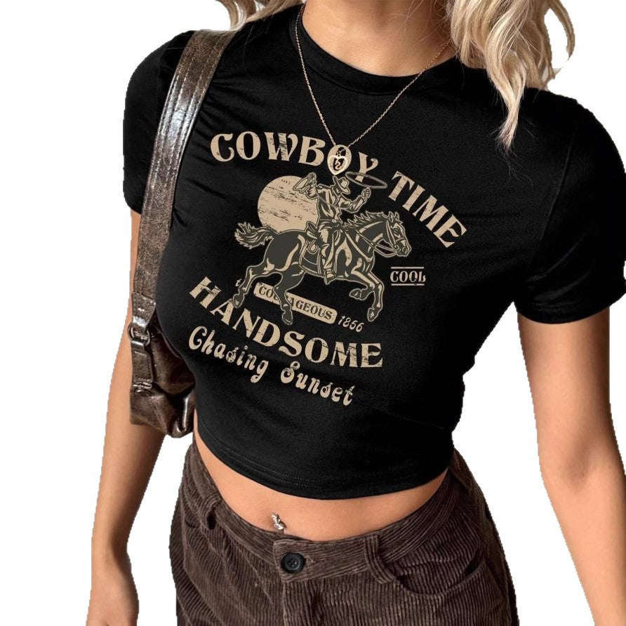 Damen Crop-Shirt mit auffälligem Cowboy-Motiv und stilvollem Schnitt EB