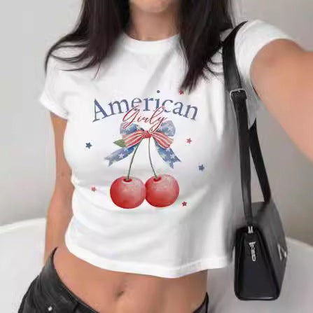 Damen figurbetontes Kurzarm-T-Shirt mit verspieltem Aufdruck EB