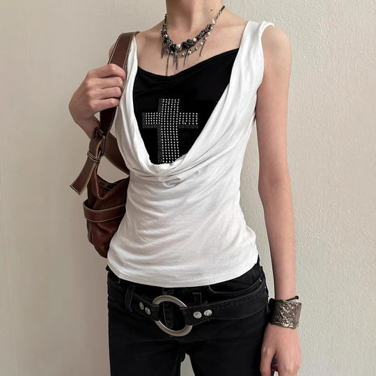 Damen elegantes Drapeetop mit Kreuzdetail EB