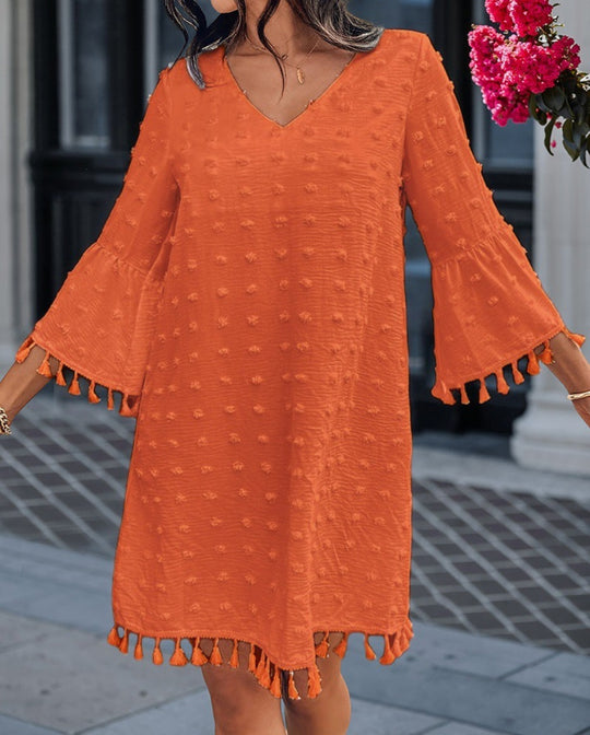 Damen Strandkleid mit elegantem V-Ausschnitt und dekorativen Fransen EB