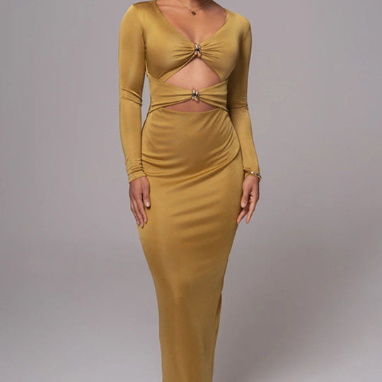 Damen Elegantes Cut-Out Maxikleid mit tiefem V-Ausschnitt und betontem Taillenschnitt EB