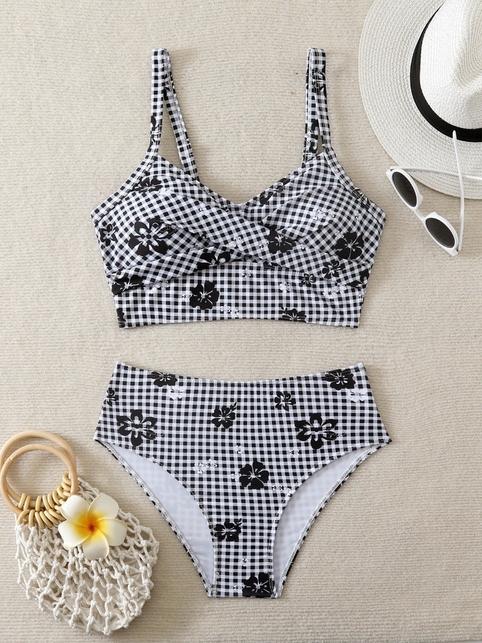 Damen Bikini-Set mit hohem Bund und dekorativem Knotendesign EB