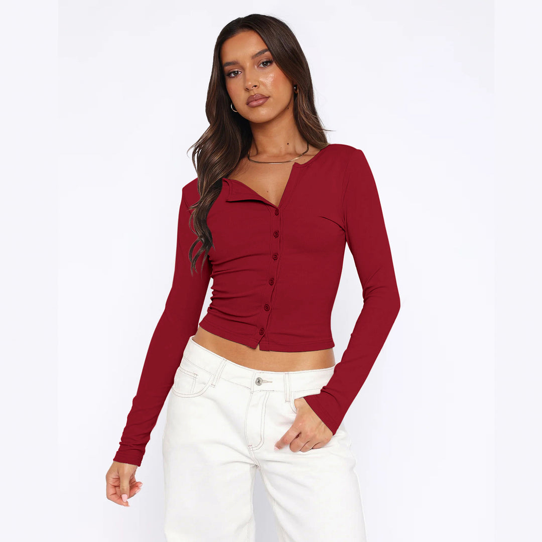 Damen figurbetontes Langarmshirt mit Knopfleiste EB