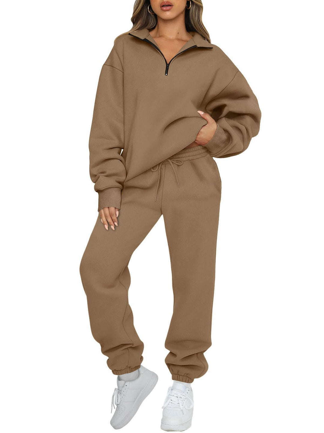Damen nan lässiges Halbzip-Lounge-Set mit oversized Sweatshirt und taillenhoher Jogginghose EB