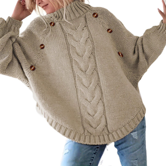 Damen Oversized Strickpullover mit Hochkragen und dekorativen Knopfdetails EB