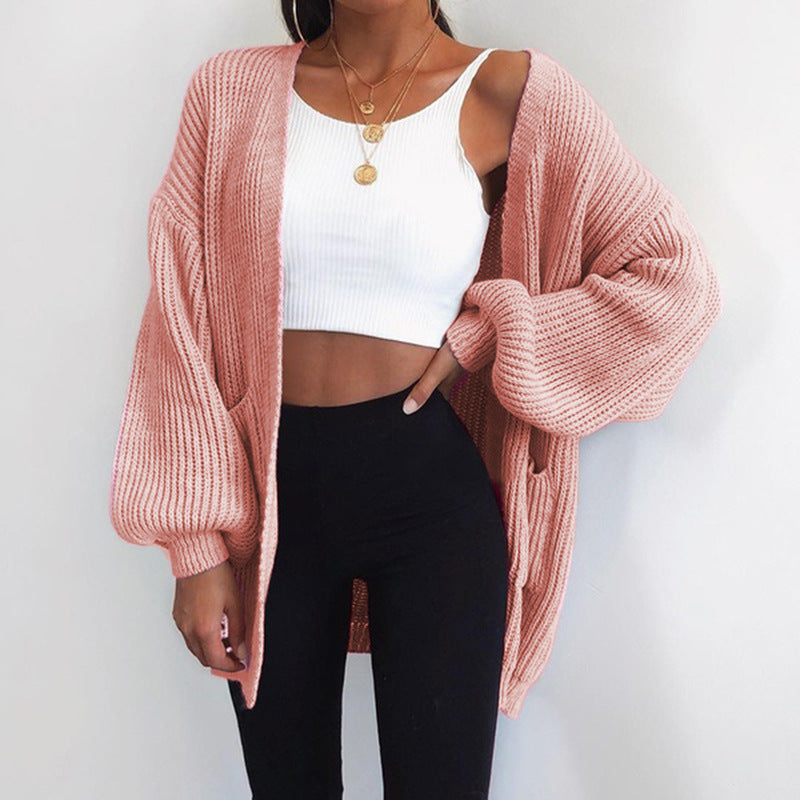Damen Grober Strickcardigan mit ballonförmigen Ärmeln und lässigem Schnitt EB