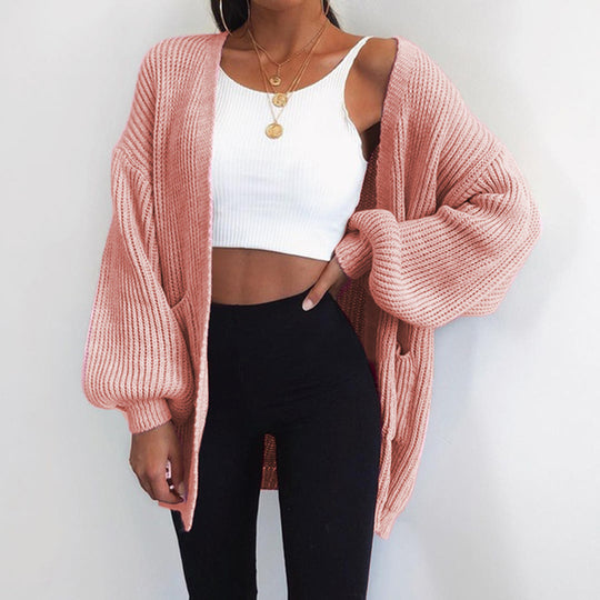 Damen Grober Strickcardigan mit ballonförmigen Ärmeln und lässigem Schnitt EB