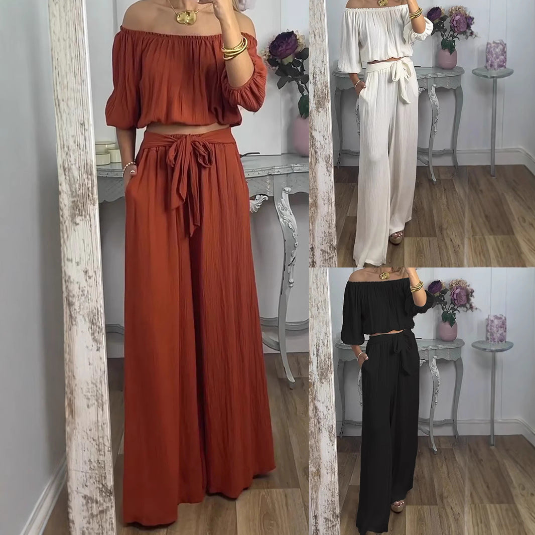 Damen Off-Shoulder Set mit weitem Hosen und taillierbarem Oberteil EB